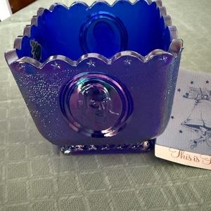 Vtg Fenton Blue Carnival Glass Planter Candy dish Washington Jefferson with tag
